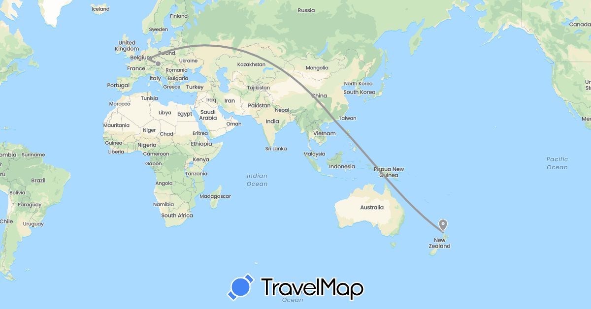 TravelMap itinerary: driving, plane in Austria, Germany, Hong Kong, New Zealand (Asia, Europe, Oceania)